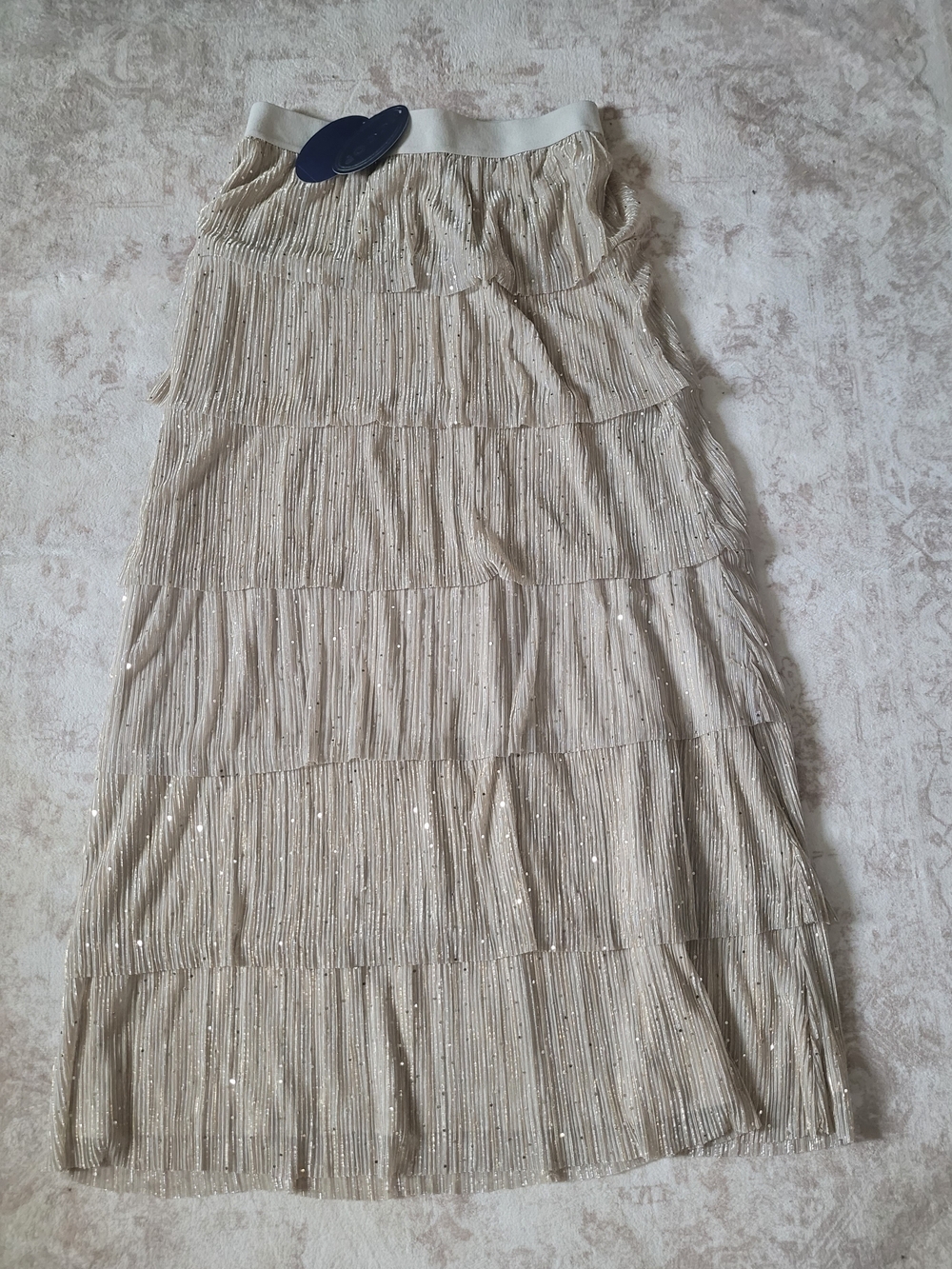 Sequined Tiered Maxi Skirt in Light Beige Balletcore